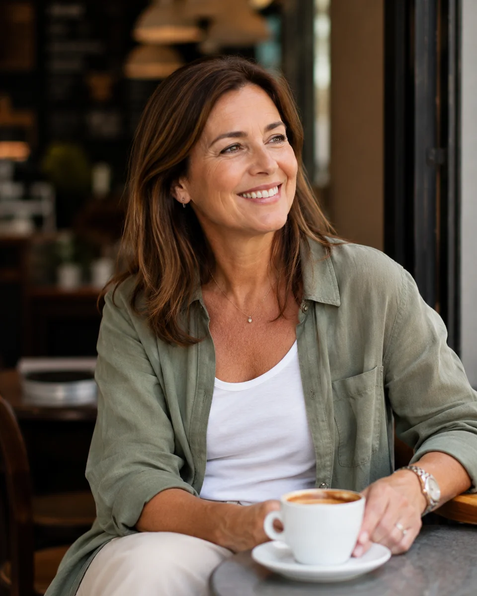 Mujer sonriente tomando un café en una terraza